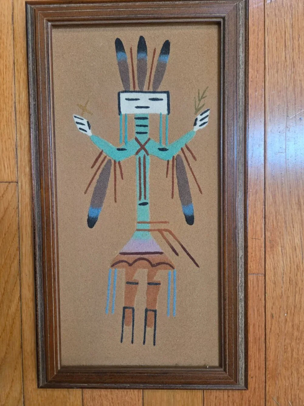vintage Navajo sand art depicting Yei holy person figure framed